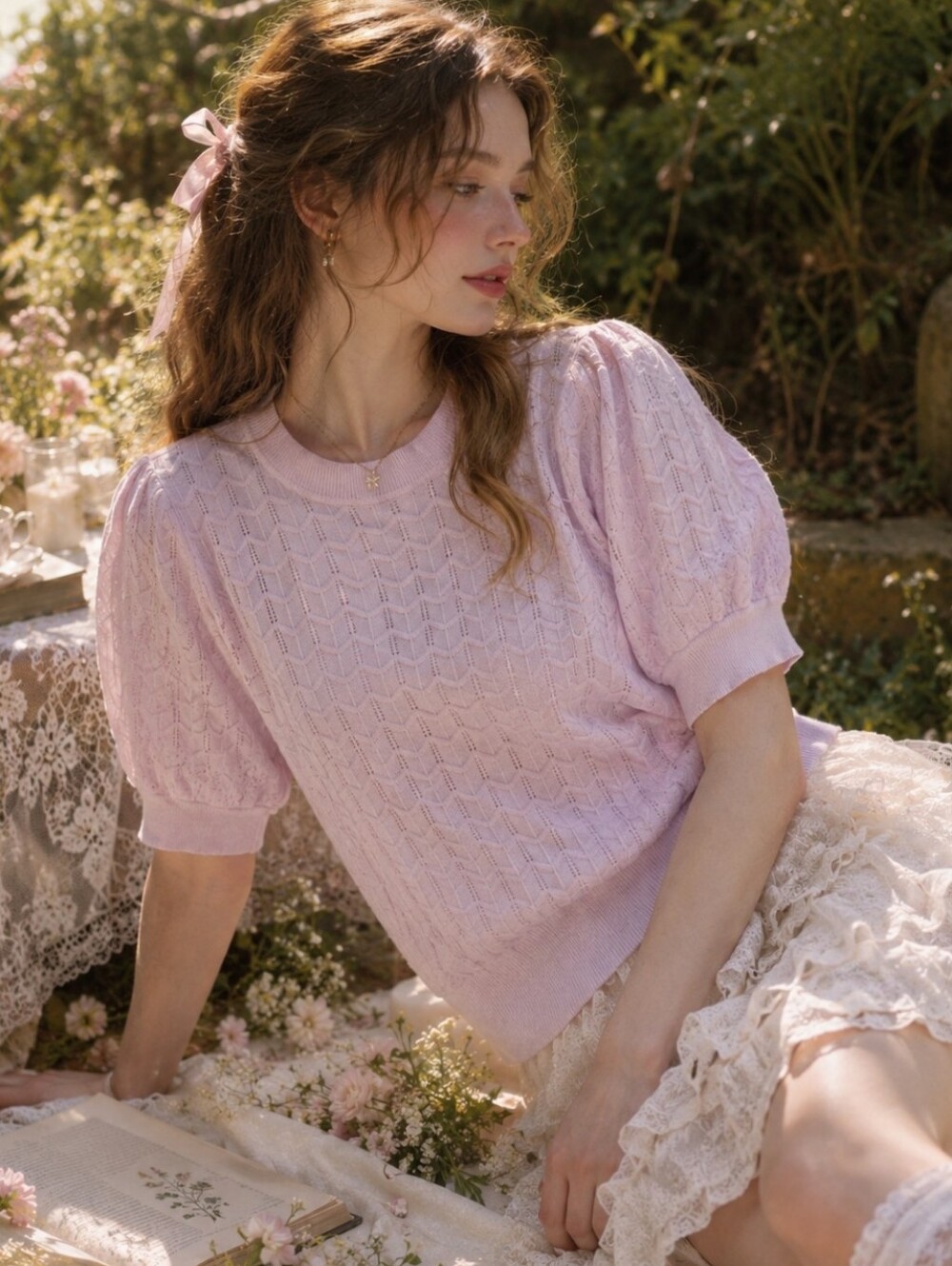 Marled Light Lilac Puff Sleeve Pointelle Knit Sweater Top Fairycore Cottagecore